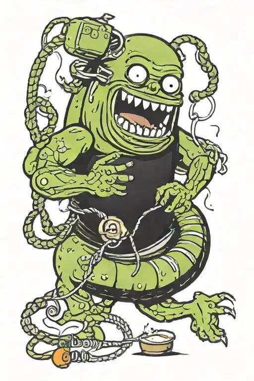 pickle with arms legs and a face smiling with a charging cord coming from his anus tattoo design idea