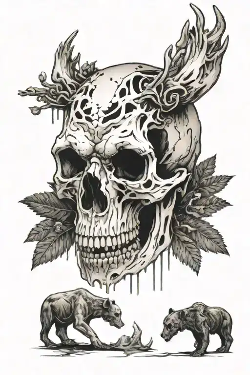 a haunting scene head of a bear skull that is half metal and half melting flesh tattoo design idea