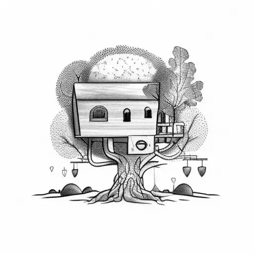 A sketch style tattoo of a treehouse nestled high in the branches of a giant oak tree, representing your love for both nature and woodworking tattoo design idea