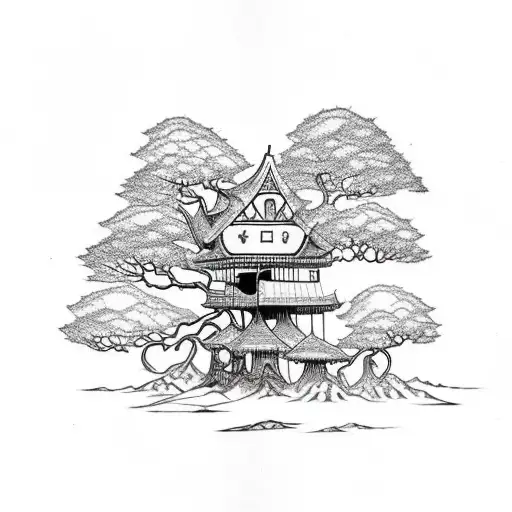 A sketch style tattoo of a treehouse nestled high in the branches of a giant oak tree, representing your love for both nature and woodworking tattoo design idea