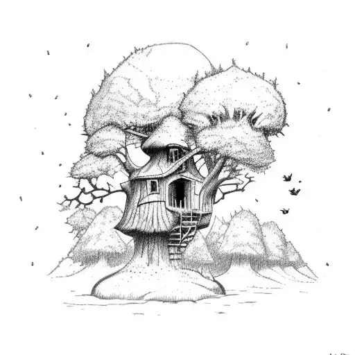 A sketch style tattoo of a treehouse nestled high in the branches of a giant oak tree, representing your love for both nature and woodworking tattoo design idea