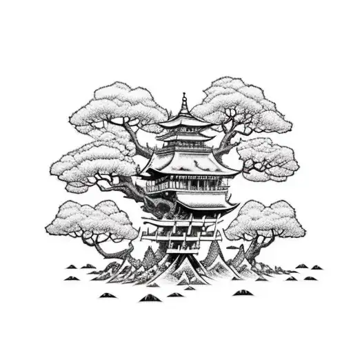 A sketch style tattoo of a treehouse nestled high in the branches of a giant oak tree, representing your love for both nature and woodworking tattoo design idea