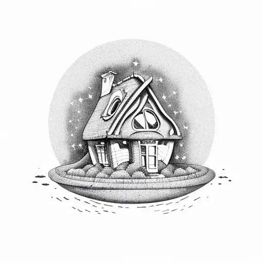 a house in the shape of a mushroom, the moon and stars and clouds tattoo design idea
