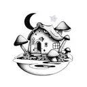 a house in the shape of a mushroom, the moon and stars and clouds tattoo design idea