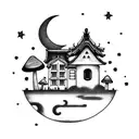 a house in the shape of a mushroom, the moon and stars and clouds tattoo design idea