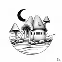 a house in the shape of a mushroom, the moon and stars and clouds tattoo design idea