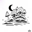 a house in the shape of a mushroom, the moon and stars and clouds tattoo design idea