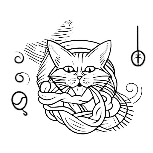 a cat with long fur knotted into red strings tattoo design idea
