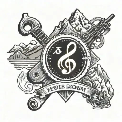 Combine a music note with 2 Scout Ranger logo, and mountains at background tattoo design idea