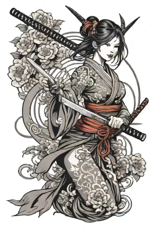 beautiful girl holding a samurai sword tattoo design idea