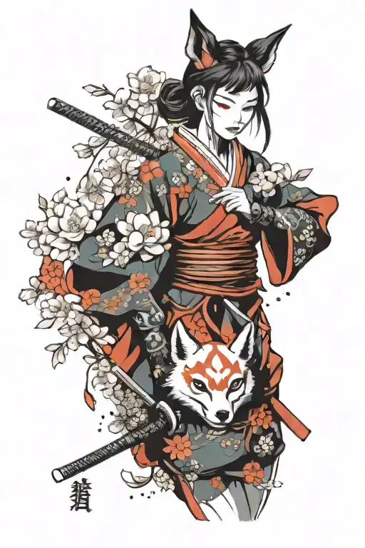 female samurai with kitsune mask and sakura flowers tattoo design idea