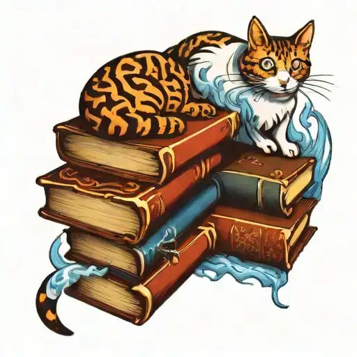 a cat and 5 books, in which are symbols of fire, water, earth, air, lightning tattoo design idea