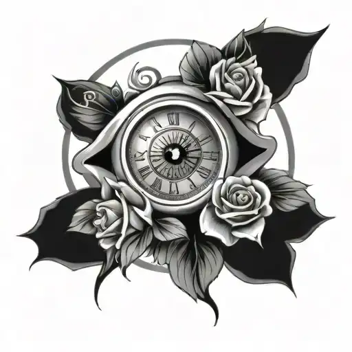 eye with clock and roses tattoo design idea