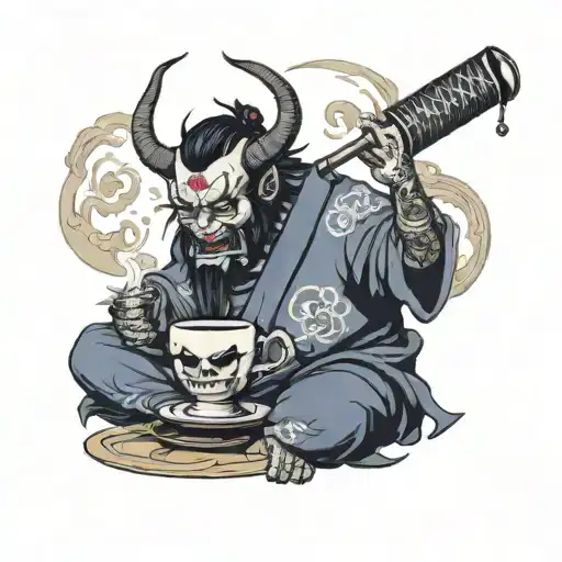 oni demon pouring a pour over coffee tattoo design idea