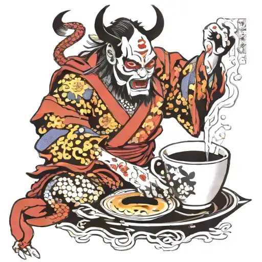 oni demon kabuki  pouring a pour over coffee tattoo design idea