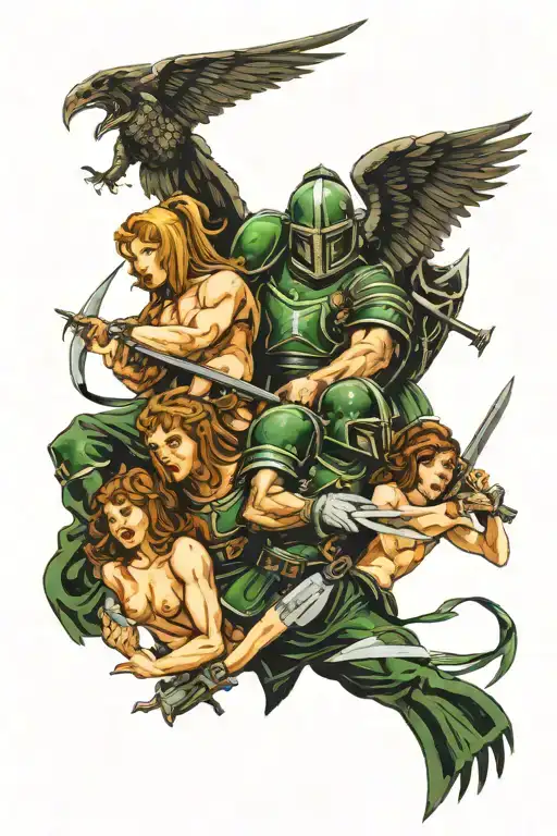 dark angels holding up a sinning human tattoo design idea