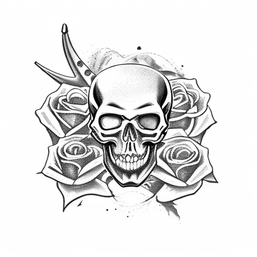 bloody skull and pirate ship, with a background of dry trees, roses, tombstones. tattoo design idea
