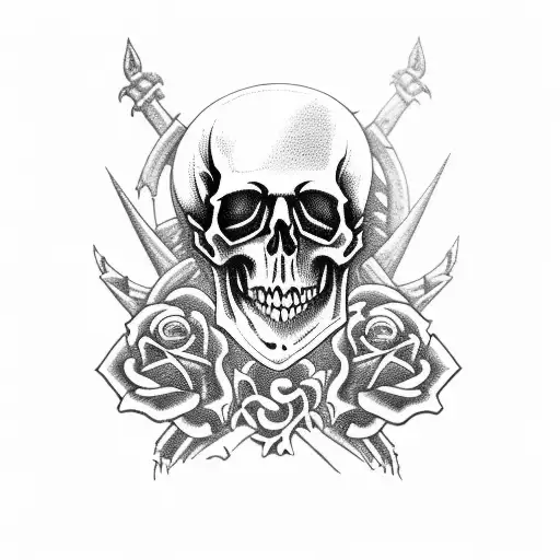 bloody skull and pirate ship, with a background of dry trees, roses and tombstones. tattoo design idea