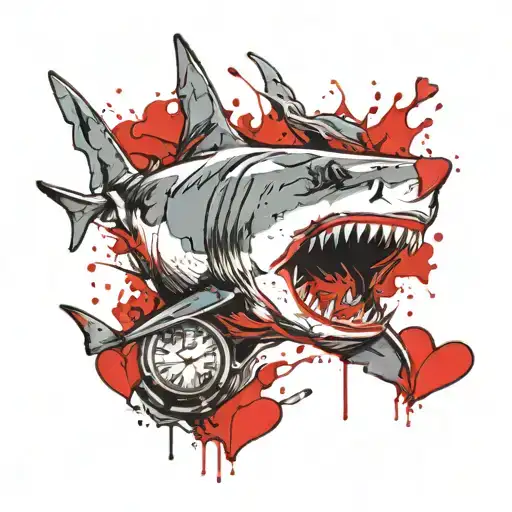 Shark jumping out of water with a hand bursting out it's mouth holding a heart tattoo design idea