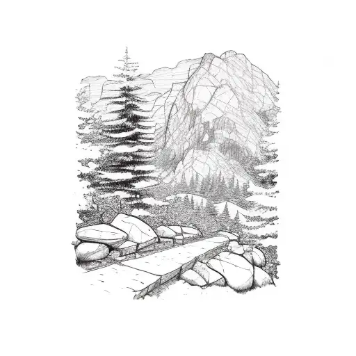 hiking trail, winding through rocky terrain leading to a mountain cabin in the distance.  tattoo design idea