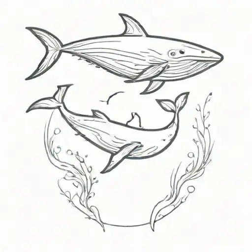 A whimsical design featuring a whale and a shark playing together underwater tattoo design idea