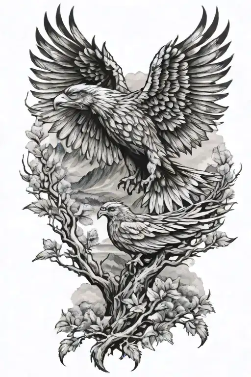 phoenix looking down at smaller baby phoenix with mountains and trees in background    tattoo design idea