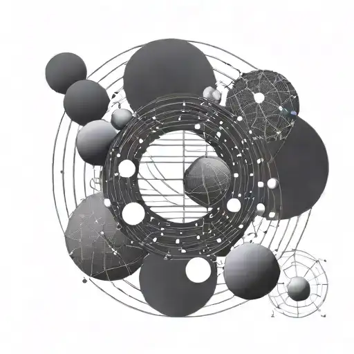 A futuristic network of interconnected planets with binary code flowing between them tattoo design idea