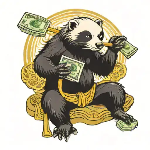 meditating honey badger holds a scale with money on one side and a heart on the other tattoo design idea