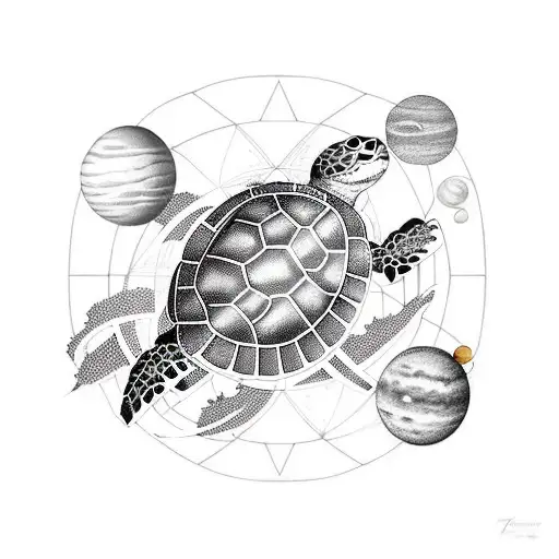 turtle in a composition of planets. geometric, circles, ellipse  tattoo design idea
