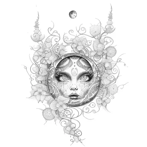 An enchanting dotwork tattoo depicting a moon surrounded by a swirling wisteria vine, with delicate butterflies dancing among the flowers tattoo design idea