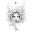 An enchanting dotwork tattoo depicting a moon surrounded by a swirling wisteria vine, with delicate butterflies dancing among the flowers tattoo design idea