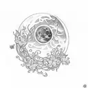An enchanting dotwork tattoo depicting a moon surrounded by a swirling wisteria vine, with delicate butterflies dancing among the flowers tattoo design idea