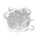 An enchanting dotwork tattoo depicting a moon surrounded by a swirling wisteria vine, with delicate butterflies dancing among the flowers tattoo design idea