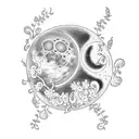 An enchanting dotwork tattoo depicting a moon surrounded by a swirling wisteria vine, with delicate butterflies dancing among the flowers tattoo design idea