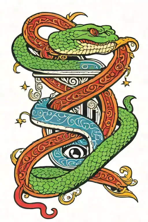 green snake "Slytherin", "closed society", blue stairs to heaven and red stairs to hell, all-seeing eye tattoo design idea