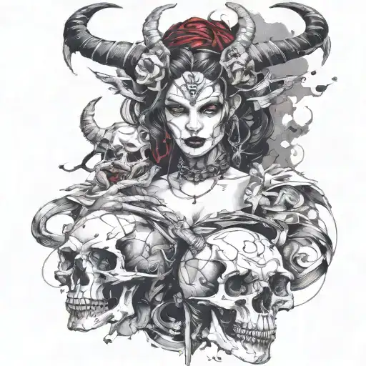 Female demon succubus holding a skull surrounded tattoo design idea