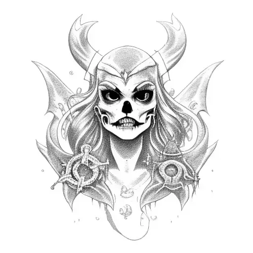 evil mermaid, full body, ocean, sea, anchor, death, skull, dark, realism tattoo design idea