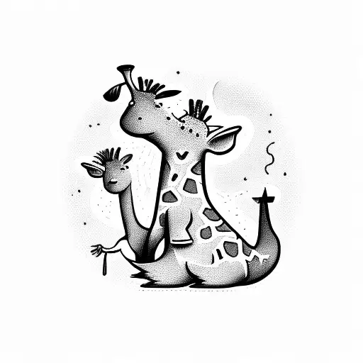 cartoon giraffe with a cartoon platypus with 4 kids  tattoo design idea