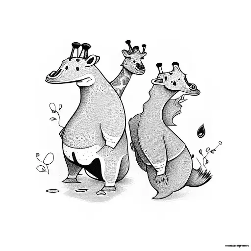 cartoon giraffe and platypus with 4 kids  tattoo design idea