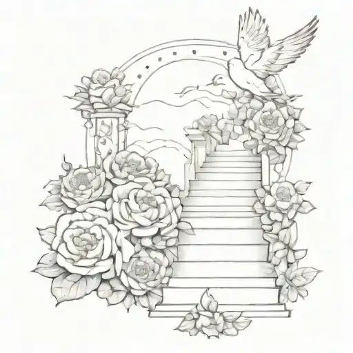 A sketch style tattoo of a stairway to heaven made of English roses, with a dove flying towards the top tattoo design idea
