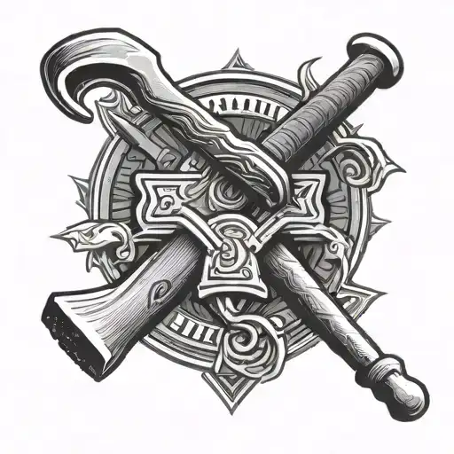 A black and grey tattoo of a carpenter's hammer morphing into a hockey stick, symbolizing the client's occupations and love for hockey tattoo design idea