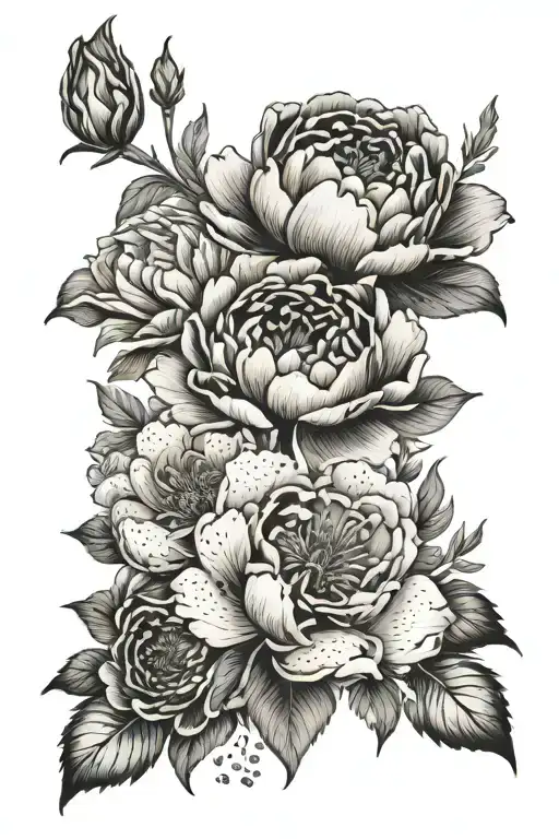 peony and cosmos flowers with trex tattoo design idea