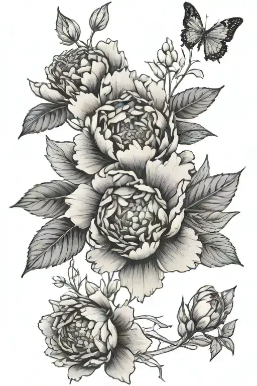 peony and cosmo flowers with small trex half sleeve tattoo design idea