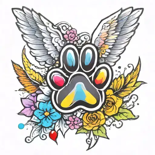 paw print with rainbow and wings spread tattoo design idea