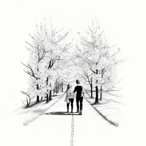 A sketch-style tattoo of a brother and sister holding hands and walking towards a lake, with April flowers blooming along the path tattoo design idea