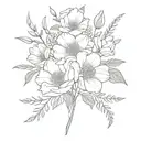 birth flower bouquet fine line March, June, November, December  tattoo design idea