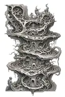 9 circles of Hell on the entire back in the form of a funnel in the style of graphics and linework tattoo design idea