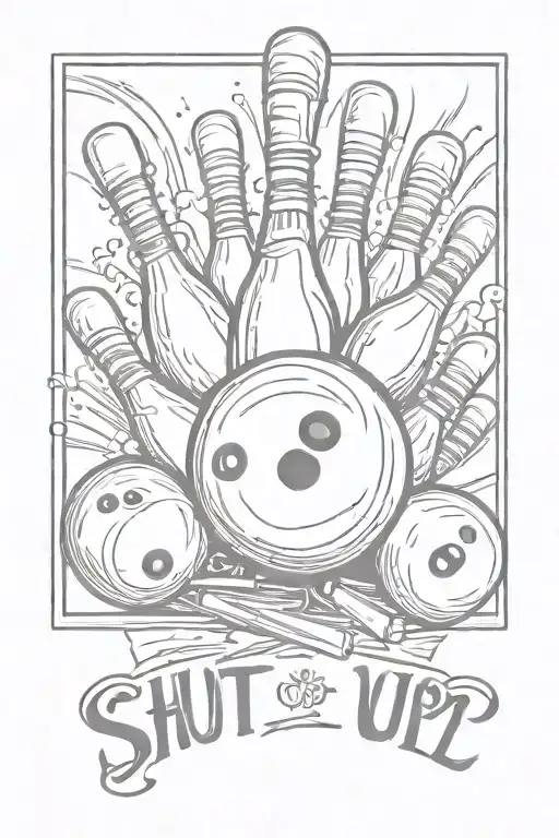 bowling ball and pins. logo says shut up and bowl. tattoo design idea