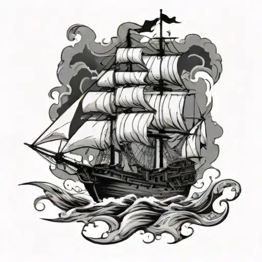 pirate ship with torn sails alone on the sea  tattoo design idea