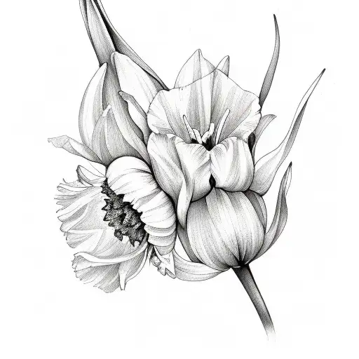 three flower bouquet of daffodil, gysophlia and a tulip tattoo design idea